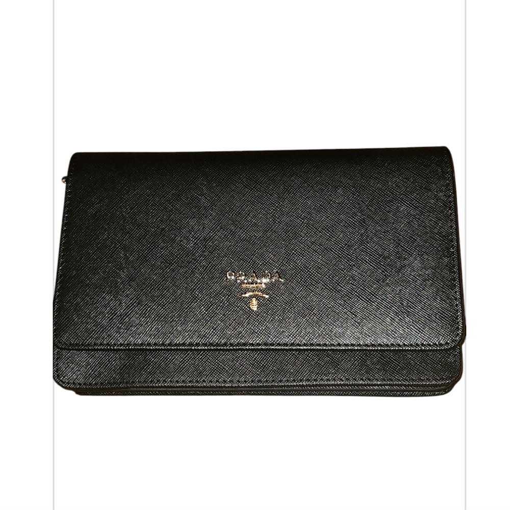 Black Prada with gold hardware EUC clutch/crossbody. Strap is missing. W8"xH5.5